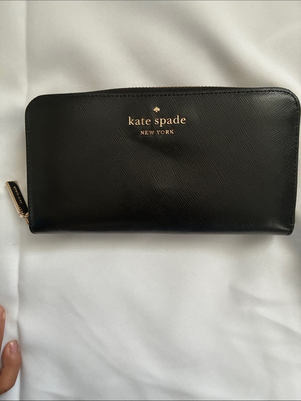 kate spade Black Saffiano Zip Wallet with Gold Logo